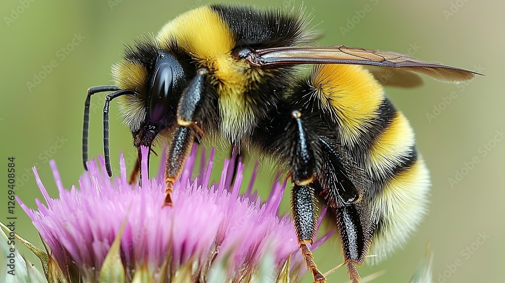 Bumblebee collecting nectar from a vibrant purple thistle flower in a sunny meadow during springtime Bumblebee collecting nectar from a vibrant purple thistle flower in a sunny meadow during springtime