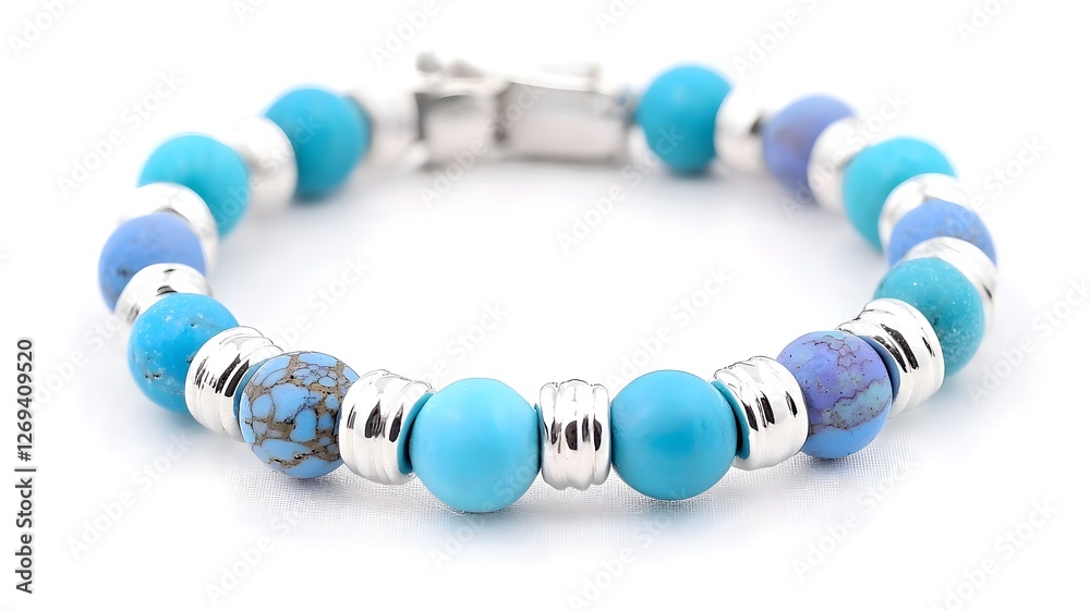 Vibrant Blue Bead Bracelet with Silver Accents on White Background Vibrant Blue Bead Bracelet with Silver Accents on White Background
