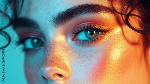 Close-up portrait of a young woman with blue eyes surrounded by soft pink flo...
