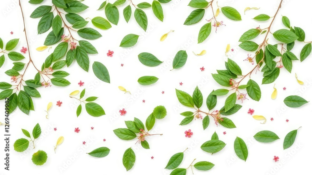 White background with scattered Eurycoma longifolia and green leaves, green, forest, eurycoma longifolia White background with scattered Eurycoma longifolia and green leaves, green, forest, eurycoma longifolia