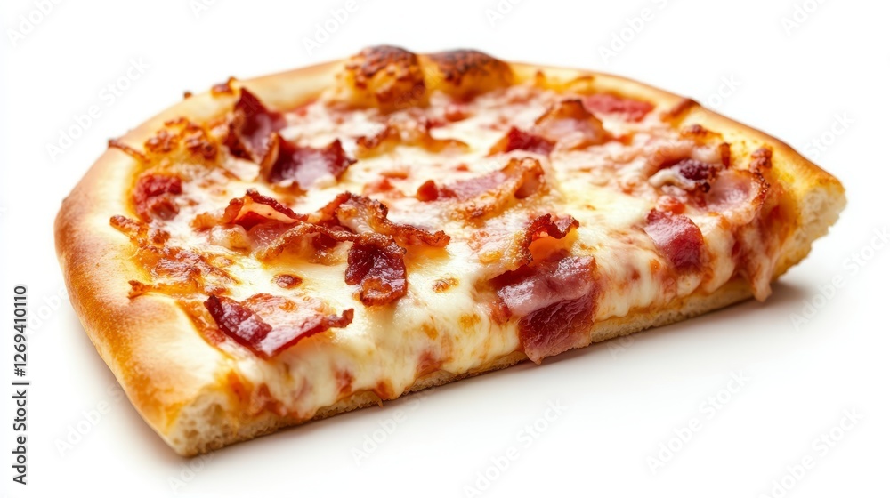 A slice of pizza with melted cheese and crispy bacon on a white background. The pizza has a thin crust and is slightly browned. The cheese is stringy A slice of pizza with melted cheese and crispy bacon on a white background. The pizza has a thin crust and is slightly browned. The cheese is stringy