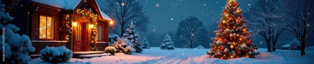 Whimsical winter scene featuring a decorated Christmas tree and building entrance, glimmering lights, sparkling snowfall, building entrance Whimsical winter scene featuring a decorated Christmas tree and building entrance, glimmering lights, sparkling snowfall, building entrance