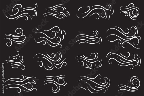 Doodle wind line sketch set. Hand drawn doodle wind motion, air blow, swirl elements. Sketch drawn air blow motion, smoke flow art, abstract line. Isolated on Dark background . vector illustration.