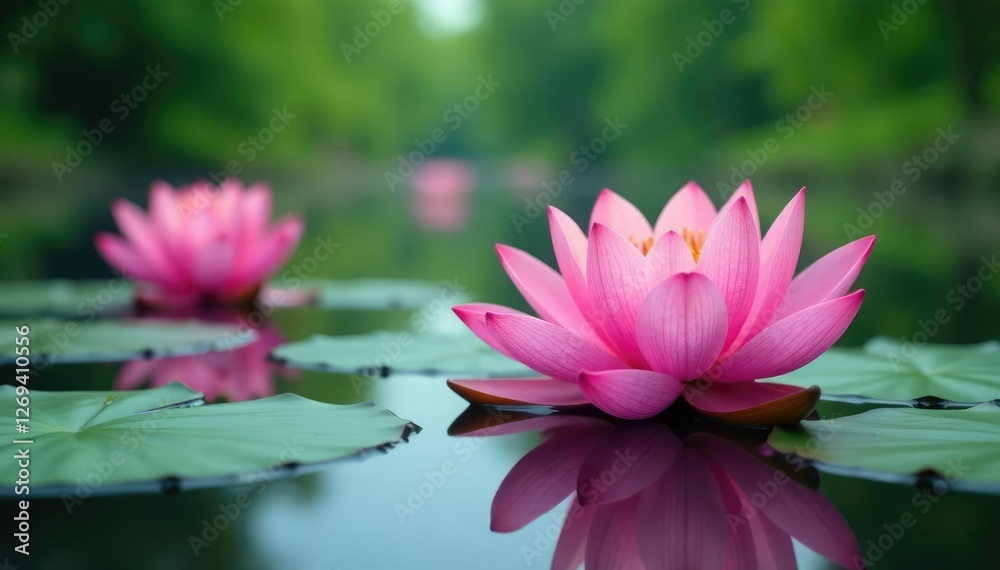 Delicate pink lotus flowers on calm lake surface, nature, water lily Delicate pink lotus flowers on calm lake surface, nature, water lily