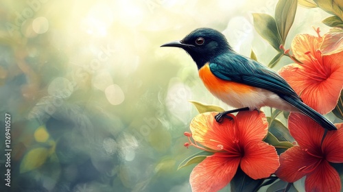 Bright yellow bird perched on vibrant red flowers in a lush garden during gol...