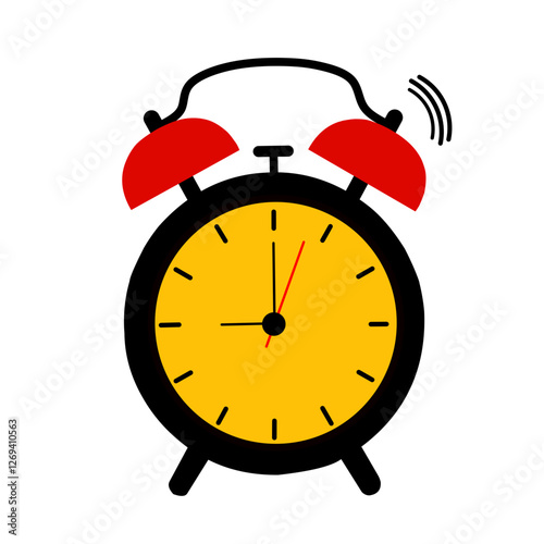 Vector illustration of a classic yellow alarm clock ringing, featuring two bells at the top