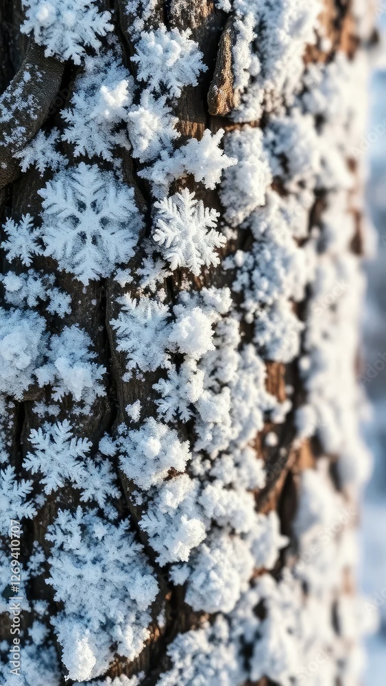 Tiny crystals dance on the rough surface of a snow-covered tree trunk, snowflakes, frost Tiny crystals dance on the rough surface of a snow-covered tree trunk, snowflakes, frost