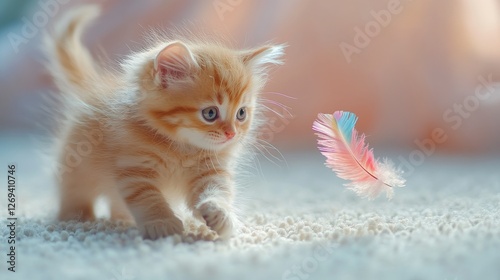 Playful kitten explores colorful feather on soft surface in bright indoor set...