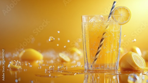 Refreshing lemonade with lemon slices against bright background on a sunny day