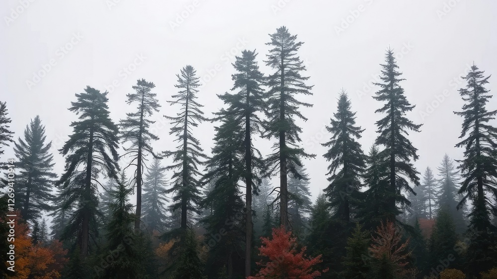 Tall dark spruce trees lean against a grey foggy sky, tree covered land, coniferous trees, autumnal atmosphere Tall dark spruce trees lean against a grey foggy sky, tree covered land, coniferous trees, autumnal atmosphere