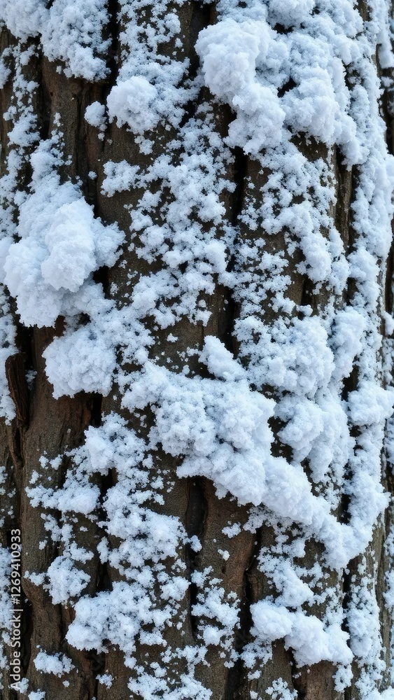 Tiny flakes cling to every nook and cranny on the rugged surface of a snow-covered tree trunk, rough, snowflakes Tiny flakes cling to every nook and cranny on the rugged surface of a snow-covered tree trunk, rough, snowflakes