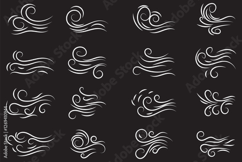 Doodle wind line sketch set. Hand drawn doodle wind motion, air blow, swirl elements. Sketch drawn air blow motion, smoke flow art, abstract line. Isolated on white background . vector illustration. 