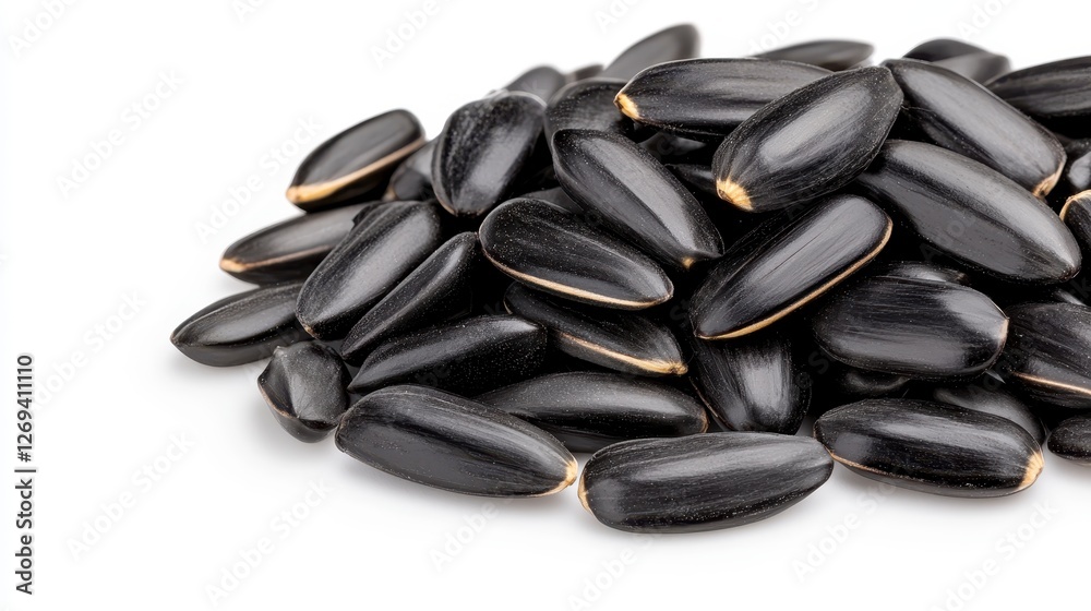 Close up of a pile of dark sunflower seeds against a plain background. The seeds are oblong and glossy, with visible texture Close up of a pile of dark sunflower seeds against a plain background. The seeds are oblong and glossy, with visible texture