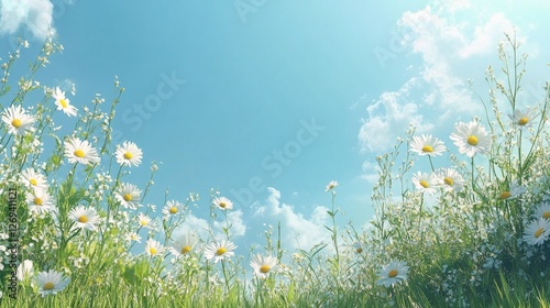 Bright flower field under a clear blue sky with fluffy white clouds in spring...