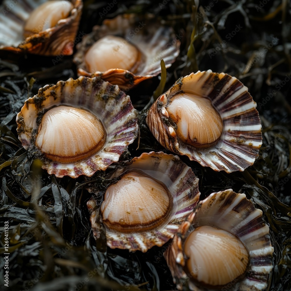 bay scallops freshly caught, still in their shells, displayed on a bed of seaweed