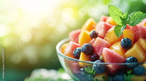 Fresh fruit salad with mint on a rustic wooden table