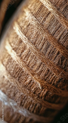 Detailed view of woven textile design on a wooden surface in natural light du...