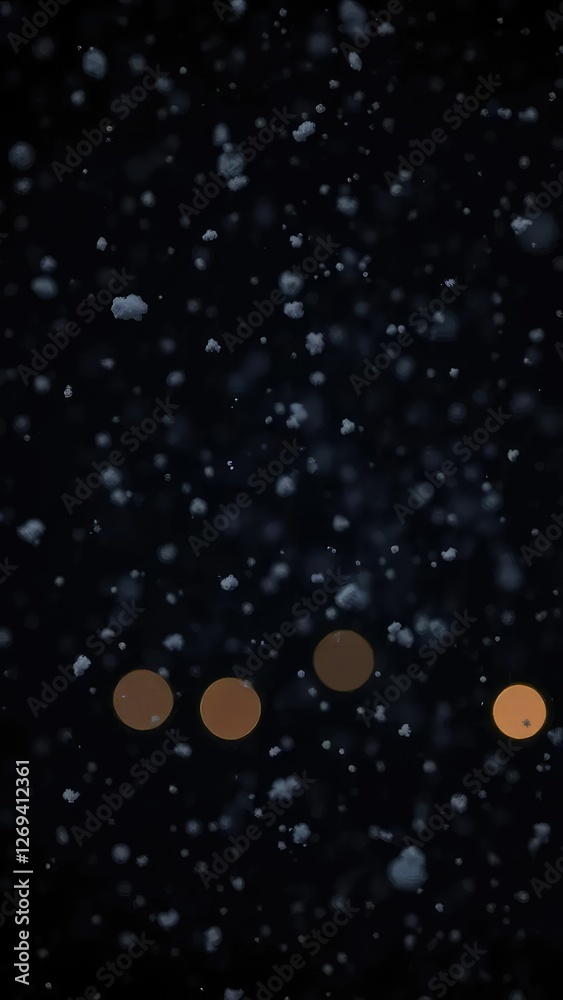Obraz premium Softly falls snow at night with Bokeh lights on black background, cold, snowfall, atmospheric
