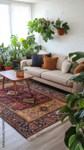 Cozy living room with plants and a stylish rug in a light-filled space