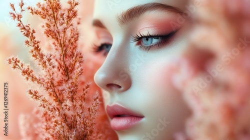 Close-up portrait of a young woman with blue eyes surrounded by soft pink flo...