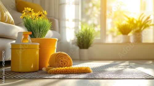 Bright and inviting cleaning supplies arranged by a sunny window in a cheerfu...