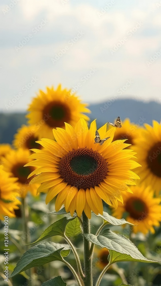 Fototapeta premium Soft petals of sunflowers sway gently in the breeze, as delicate butterflies dance around them, sunflowers, gentle, landscape