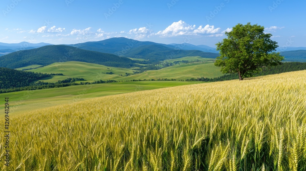 Wheat field, solitary tree, mountain landscape, summer day, idyllic rural scene Wheat field, solitary tree, mountain landscape, summer day, idyllic rural scene