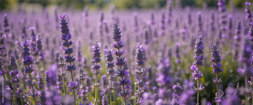 Obraz premium Vibrant lavender flowers flourish in a sprawling field under a bright, sunny sky. Bees buzz around while gentle breezes sway the delicate stems, creating a picturesque scene