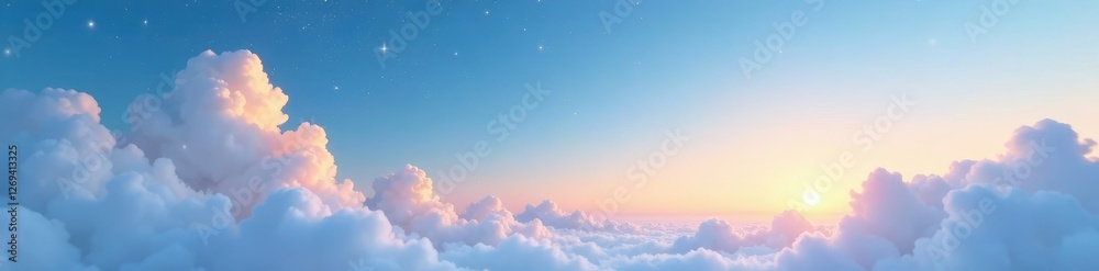 Soft pastel blue sky with white fluffy clouds and twinkling stars at sunset, dreamy, peaceful Soft pastel blue sky with white fluffy clouds and twinkling stars at sunset, dreamy, peaceful