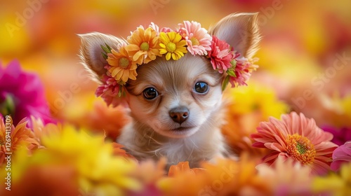 Cute puppy with flower crown surrounded by colorful blooms in a bright garden