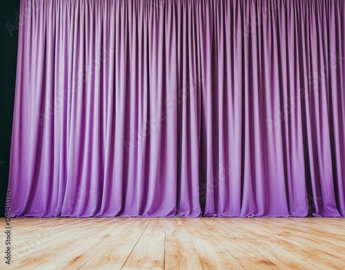 Light brown wooden floor and a wall of rich purple velvet curtains create a dramatic stage like setting. The image is well lit, emphasizing the photo