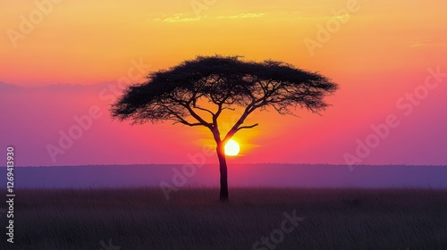 Stunning sunset behind a silhouette of a tree in the savanna landscape