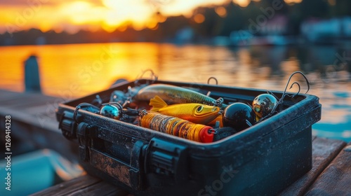 Lures neatly arranged in a tackle box against a stunning lakeside sunset view