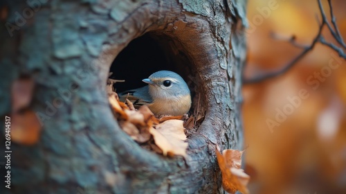 Bird nesting in tree trunk hole surrounded by green leaves during soft mornin...
