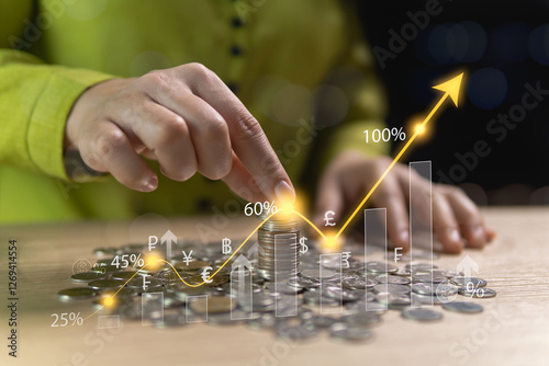 Financial and investment analysis Currency rates Trends Direction Percentage of growth, Businesswoman's hand holding a pile of coins and virtual icons of graphs and currencies around the world.