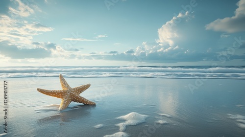 Starfish resting on wet sand at the shoreline during a tranquil day with clou...