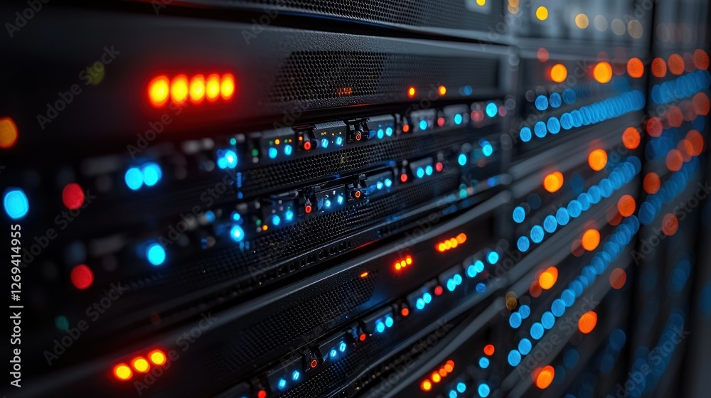 Data center servers glowing, network technology, IT infrastructure, background blurred Data center servers glowing, network technology, IT infrastructure, background blurred
