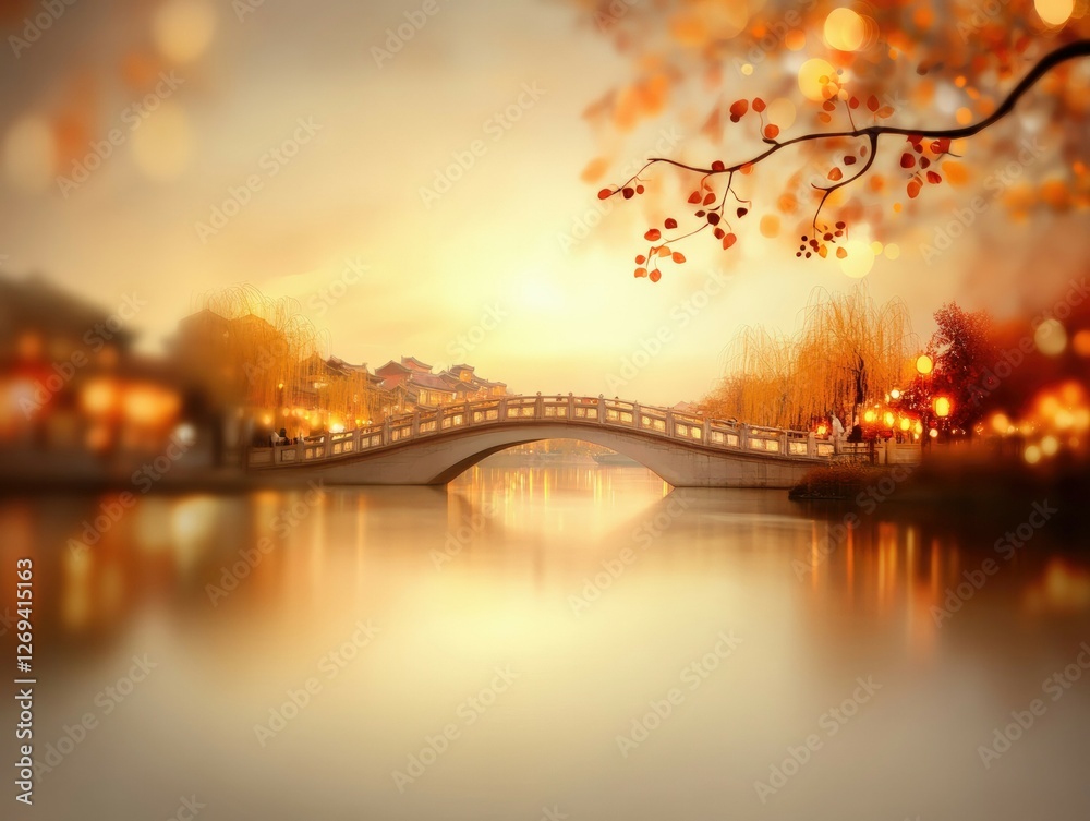 Fototapeta premium A serene autumn scene featuring a bridge over a calm river, surrounded by warm colors and soft lighting, evoking a peaceful, nostalgic atmosphere.