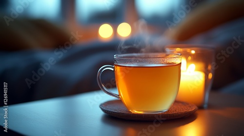 Cozy evening with a steaming cup and warm candlelight by the bedside