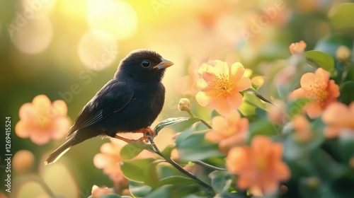 Vibrant blue and orange bird surrounded by colorful tropical flowers in lush ...