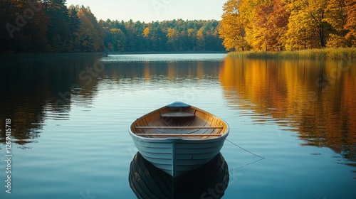 Lakeside autumn reflection with colorful trees and a canoe in serene environment