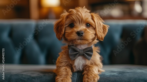 Small puppy wearing a bow tie sitting on a couch in a cozy living room settin...
