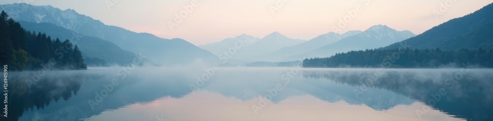Fototapeta premium Misty morning on a still lake with mountains in the background, water, fog