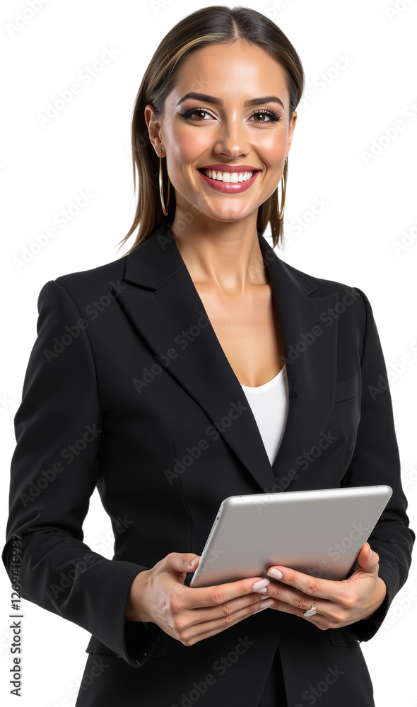Confident Businesswoman in Dark Suit Holding a Tablet and Smiling on White Background Confident Businesswoman in Dark Suit Holding a Tablet and Smiling on White Background