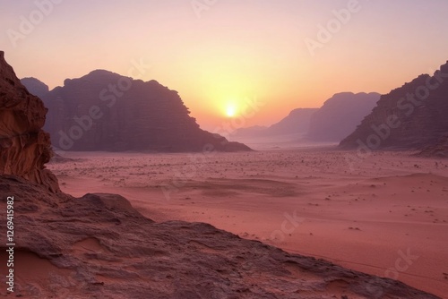 Breathtaking sunrise over the desert landscape at Wadi Rum in Jordan