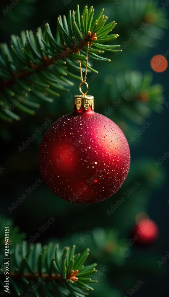 Fototapeta premium Shiny red orb suspended in mid-air on a lush evergreen tree branch, Christmas tree, glowing