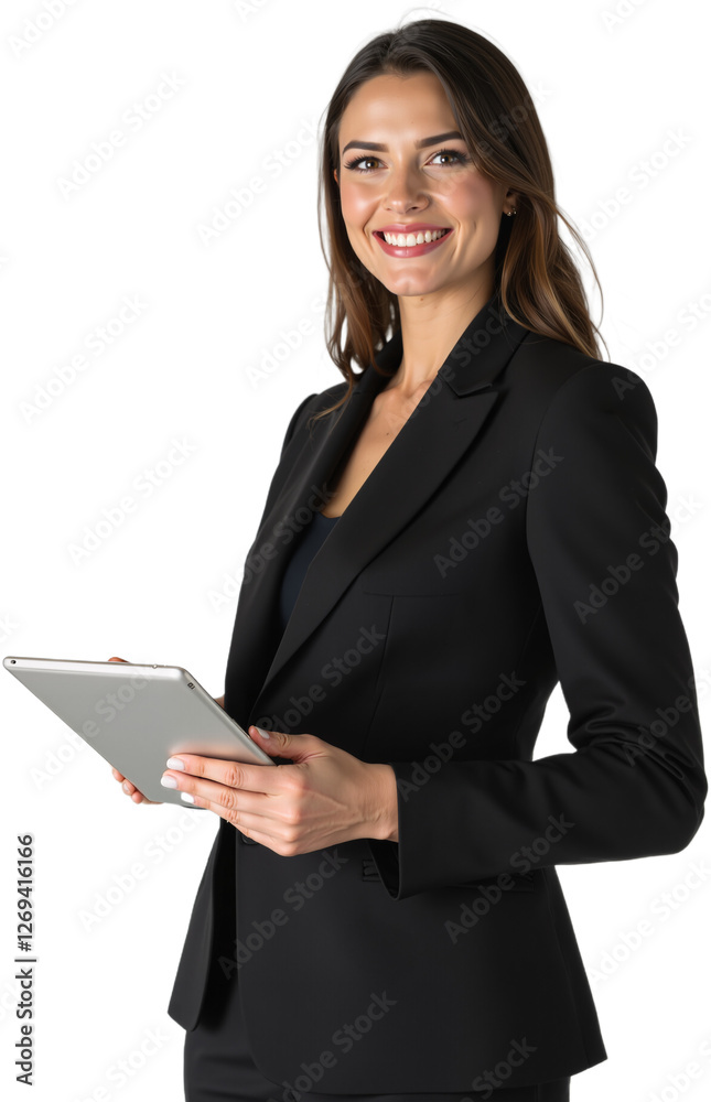Confident Businesswoman in Dark Suit Holding a Tablet and Smiling on White Background Confident Businesswoman in Dark Suit Holding a Tablet and Smiling on White Background