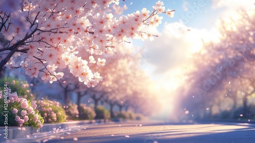 Blossoming cherry flowers illuminated by soft sunset light in a serene garden...