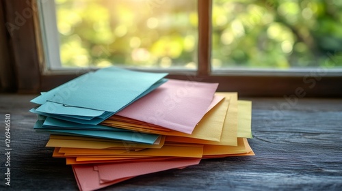 Colorful stationery arranged on wooden surface near bright window with greene...
