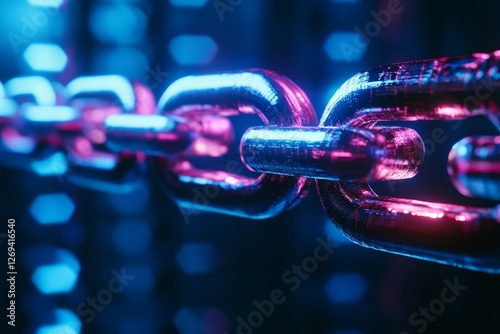 Futuristic Close-up of a Metallic Chain with Neon Blue and Pink Colors